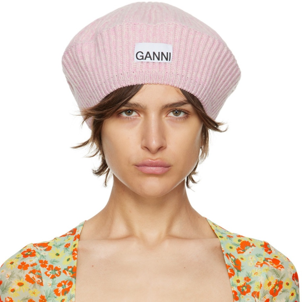 GANNI ribbed wool logo-patch beret NWT